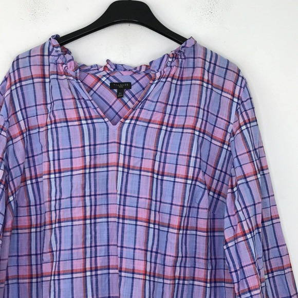 Talbots Women's 2X Shirt Purple Plaid Long Sleeve Ruffle Notch Neck Cotton CV4 - Picture 2 of 5